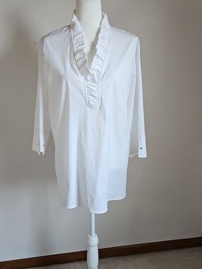 Ming Wang XL Ruffle V Neck 3/4 Sleeve White Blouse Career Feminine Regency